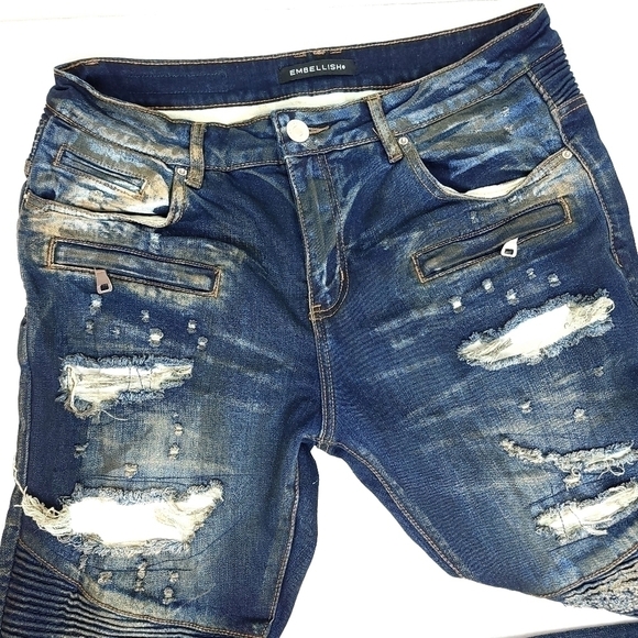 EMBELLISH Men's 34 Distressed Biker Streetwear Jeans with Paneled Stitching - Picture 4 of 16